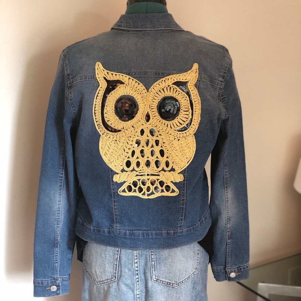 Adorable One of a Kind Embellished Owl Jean Jacket